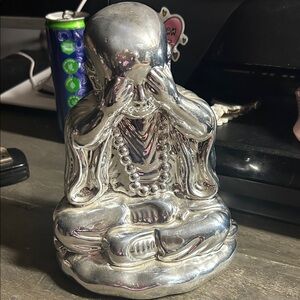Silver Buddha Figurine Ceramic - Hiding Face